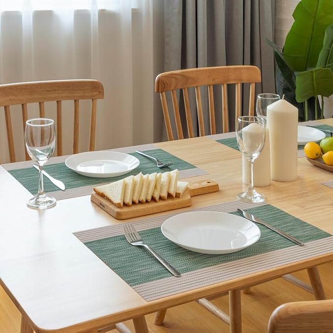 Winknowl Placemats, Set of 6 Heat Resistant Stain Resistant Woven Vinyl Insulation Place mats, Durable Washable Elegant Table Mats for Dining (Striped Green)