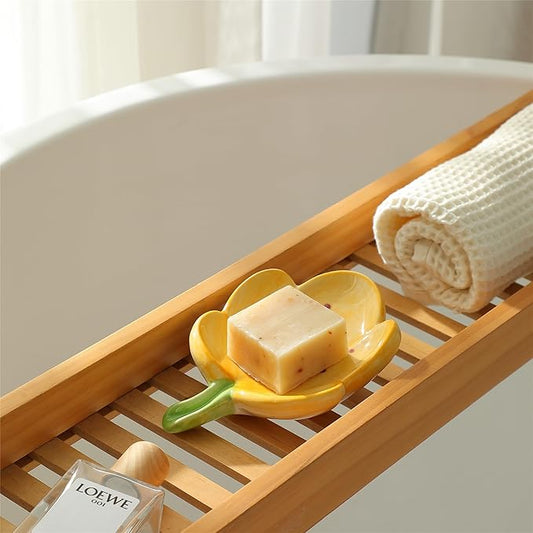 Ankah Decorative Ceramic Soap Box, Flower Shape Soap Dish, Self-Draining to Keep Dry Stop Mushy Soap Holder, Easy Cleaning, Best for Shower Bathroom and Kitchen (Tulip, Yellow)