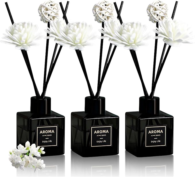 Reed Diffuser Set of 3, Jasmine Scented Oil Diffuser with 15 Sticks,(50ml) x 3 Aromatherapy Oil Reed Diffuser for Home Bedroom Bathroom Air Freshener