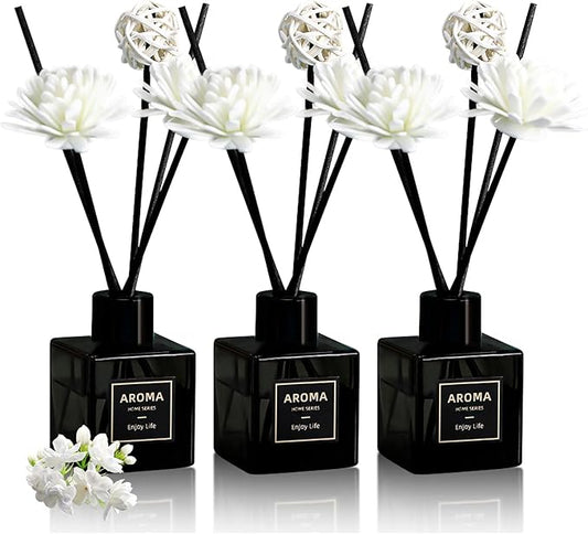 Reed Diffuser Set of 3, Jasmine Scented Oil Diffuser with 15 Sticks,(50ml) x 3 Aromatherapy Oil Reed Diffuser for Home Bedroom Bathroom Air Freshener