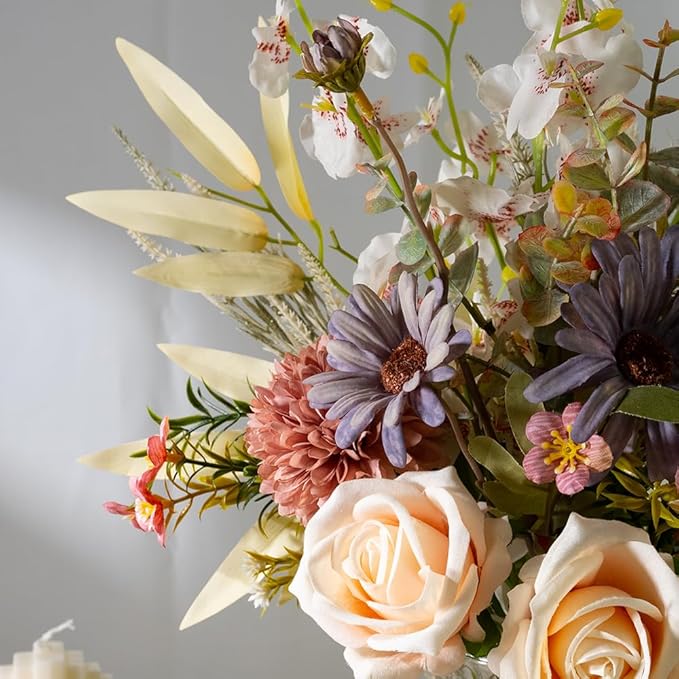 Silk Flowers with Vase, Artificial Rose Flowers Arrangement with Glass Vase Faux Rose for Decoration Table Centerpiece (Rose Champagne)