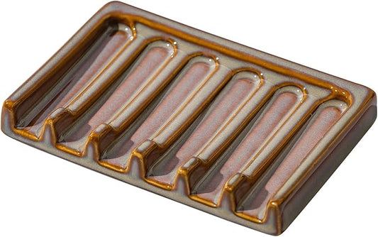 Self Draining Premium Brown Ceramic Waterfall Soap Dish, Bar and Shower Soap Holder Sponge Holder Soap Tray Savers for Bathroom, Shower, Kitchen, Sink and Countertop