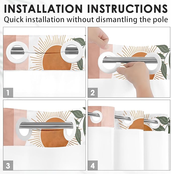 Boho Mid Century No Hook Shower Curtain with Snap in Liner, Sun Moon Leaves Orange Bath Curtain with Double Layers Waterproof Fabric and Mesh Top Window 71x74 Inch