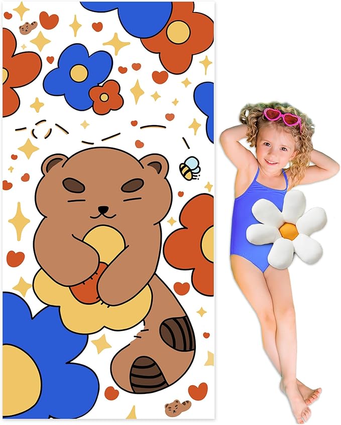 Cleanbear Kids Beach Towel - Cute Happiness Bear Design, Soft and Absorbent, Perfect for Bath, Pool, and Beach - Spread Joy and Comfort