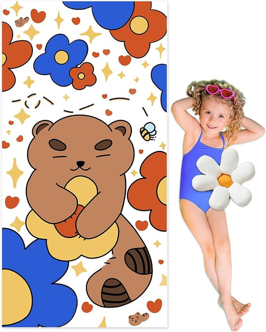 Cleanbear Kids Beach Towel - Cute Happiness Bear Design, Soft and Absorbent, Perfect for Bath, Pool, and Beach - Spread Joy and Comfort