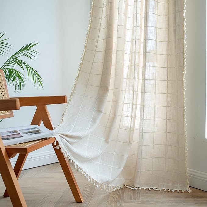 Sutuo Home Boho Curtains for Living Dining Room Bedroom 96 Inch Length, Light-filtering Vintage Chic Tassels Farmhouse Linen Window Treatment Bohemian Drape, 1 Panel 52" W x 96" L, Light Coffee Plaids