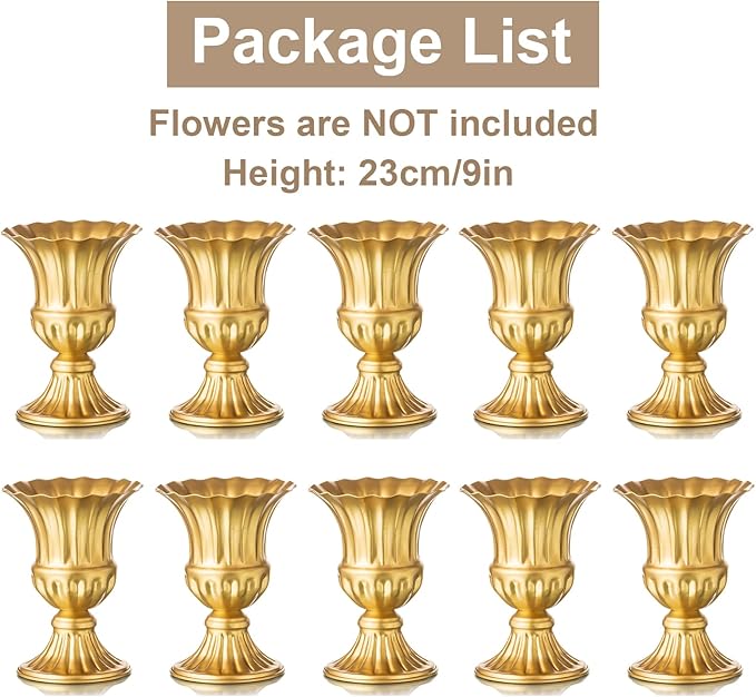 Sziqiqi Gold Flower Arrangements Vase for Wedding Table Centerpiece - 9in Metal Planter Vase Pot for Artificial Real Flower Small Trumpet Plant Urn for Garden