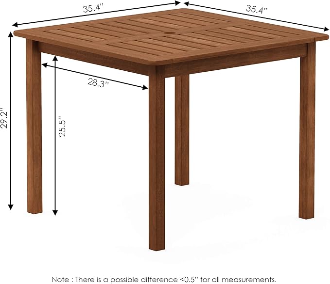 Furinno FG18006 Tioman Hardwood Patio Furniture Square Table with Umbrella Hole, Natural, 35.4"D x 35.4"W x 29.2"H