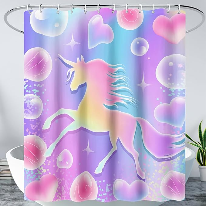 AILONEN Girls Unicorn Shower Curtain for Bathroom, Pink Hearts Rainbow Unicorn Bath Curtain,Cute Unicorn Kids Shower Curtain 72" W*72" H Polyester Waterproof Bathroom Curtain with 12 Hooks