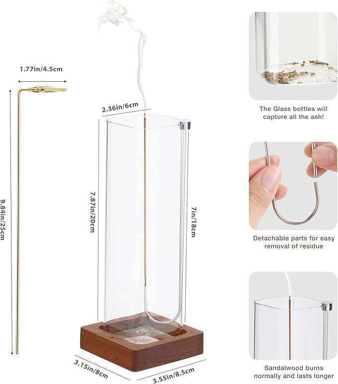 Incense Sticks Holder with Premium Glass Ash Catcher and Upside-Down Metal, Profession Anti-Ash Flying, Heat-Resistant Easy Clean for Yoga, Meditation, Home Decor (2 in 1 Design, Wooden Base)
