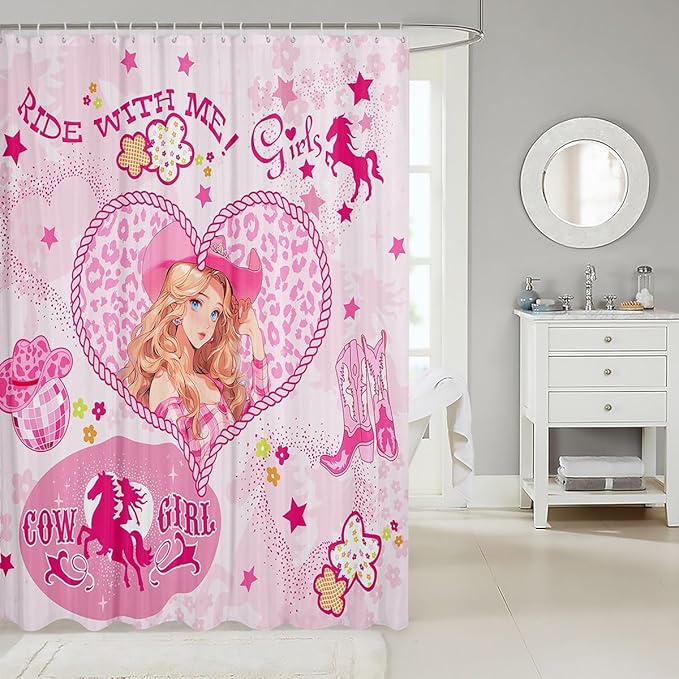 Western Cowgirl Kids Shower Curtains,Cowboy Boots Horseshoe Rustic Bathroom Curtains for Girls Women,Stars Leopard Flowers Cartoon Pink Romantic Waterproof Curtains,12 Hooks Suits,72"W x 72"L