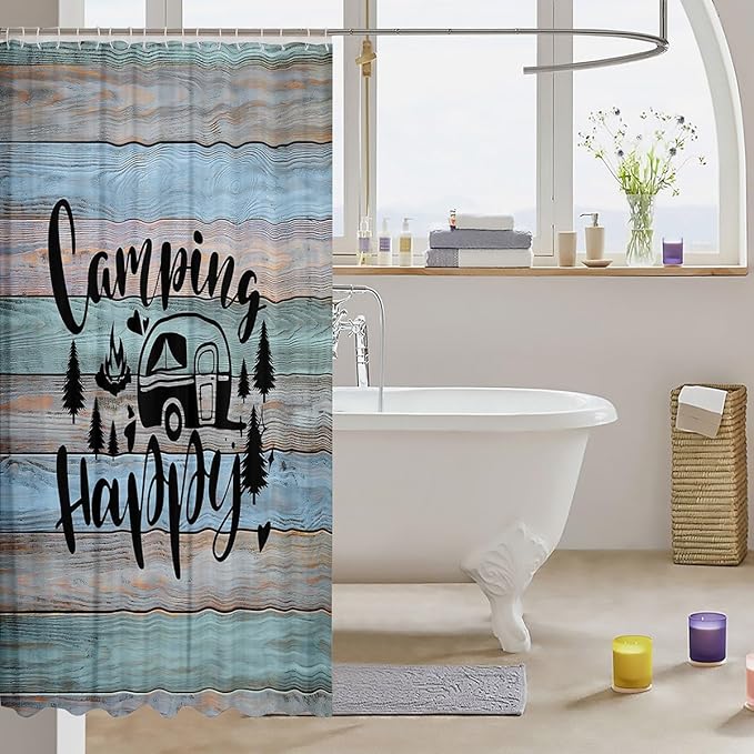 Feelyou Camper Bathroom Shower Curtain Set Happy Camping Bath Curtain Camping Shower Curtain Cartoon Camping Kids Bathroom Accessories 72"x84"