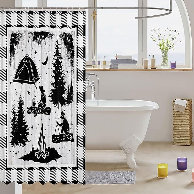 Feelyou Happy Camping Shower Curtain White Wooden Fabric Shower Curtain for Kids Rustic Farmhouse Style Bathroom Waterproof Accessories with 12 Hooks Black and White Plaid Curtains,72X84 Inches
