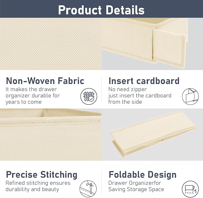 DIMJ Drawer Organizer - Small Clothes Organizer Set of 3, Drawer Dividers for Baby Clothes, Underwear, Socks, Bra, Belt, Tie - Beige