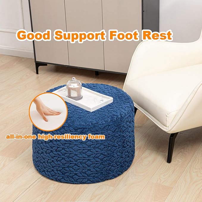 Round Pouf Ottoman Stuffed 20 x 20 x 14 Inches Boho Poof Foot Stool Home Decor Floor Pouffe Ottoman Foot Rest for Couch Sofa Bean Bag Chairs Living Room Bedroom (Navy Blue)