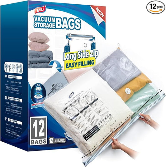 TAILI-LONG SIDE ZIP 12 Pack Vacuum Storage Bags, Vacuum Seal Bags for Clothing(39x28 inches), Jumbo Storage Space Saver for Beddings, Comforters, Blanket, Pillows and Clothes