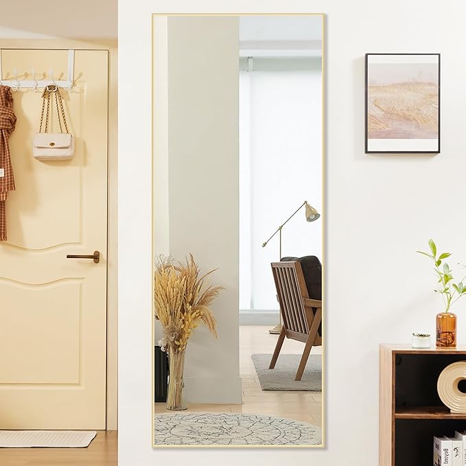 Sweetcrispy 64"x21" Full Length Mirror Full Body Floor Mirror Standing Hanging or Leaning Wall, Wall Mirror with Stand Aluminum Alloy Thin Frame for Bedroom Cloakroom,Gold