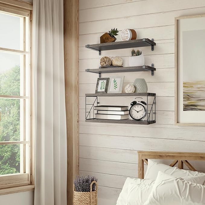 B4Life Floating Shelves Wall Mounted Bathroom Rustic Over Toilet Shelves with Toilet Paper Basket, Farmhouse Floating Shelf for Bedroom, Living Room, Kitchen, Wall Decoration