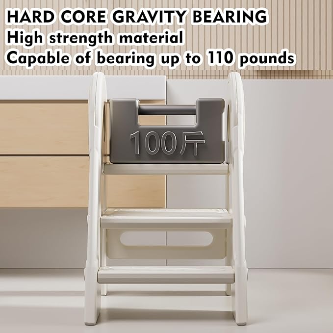 Step Stool for Kids Toddler, Adjustable 3 Folding, Learning Helper Stool for Bathroom Sink Toilet Potty Kitchen Counter with Handles and Non-Slip Pads(Khaki)