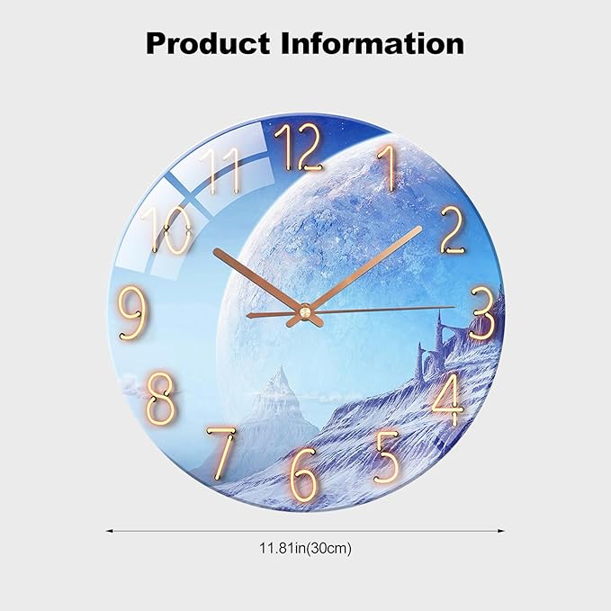Ergocar Glass Wall Clock Silent Scanning Mechanical Round Glass Wall Clock, Suitable for Living Room, Kitchen, Office.