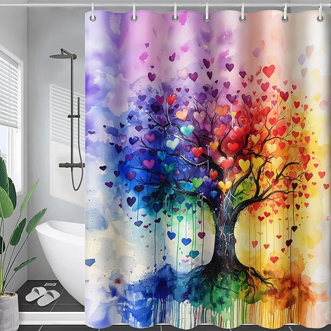 AILONEN Tree of Life Shower Curtain for Bathroom,Watercolor Hearts Tree Printed Waterproof Bath Curtain,Colorful Tree Leaves of Life Abstract Boho Shower Curtain 72" W x 96" H