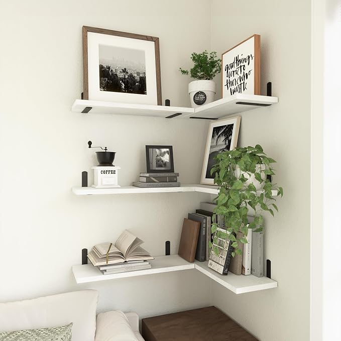 WOPITUES Set of 6 White Floating Wall Shelves - Modern Decor for Bedroom, Bathroom, Living Room [Upgraded]