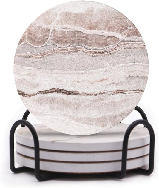 LIFVER Absorbent Coaster Sets of 4, Drink Coasters with Holder, Marble Style Ceramic Drink Coaster for Tabletop Protection, Suitable for Kinds of Cups, Wooden Table, Cool Home Decor, 4 Inches