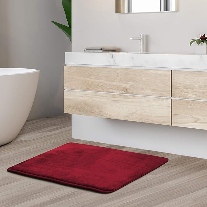 Clara Clark Bathroom Rugs, Velvet Memory Foam Bath Mat, Non-Slip, Machine Washable Bath Rugs - Dries Quickly, Ultra Soft Plush Bath Mats for Bathroom, 17 x 24, Burgundy Red