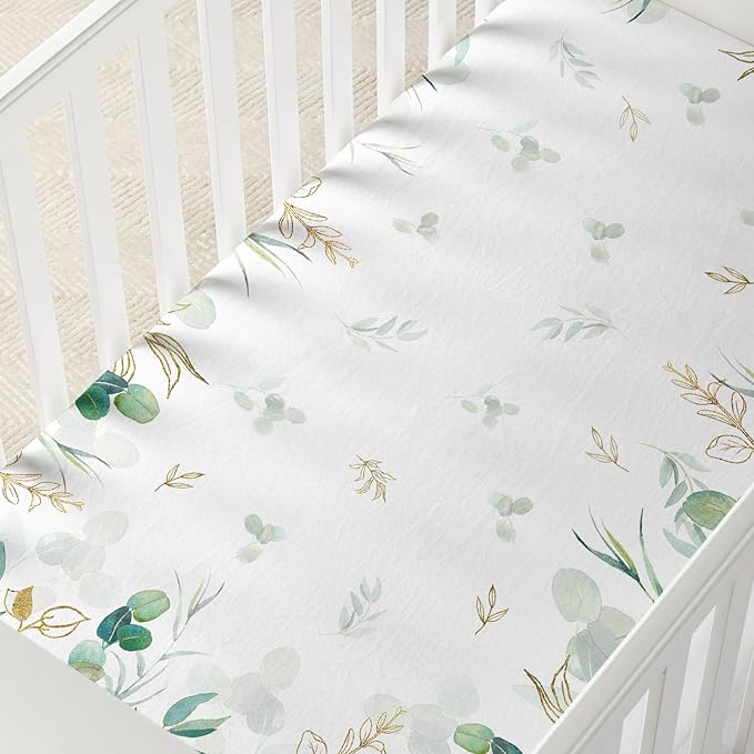 Horaldaily 2 Pack Fitted Crib Sheet for Boys Girls, Fits Standard Size Crib Mattress 28in x 52in, Soft Breathable Washable Jersey Microfiber Baby Crib Sheet, Eucalyptus Nursery Sheet Sage Green/White