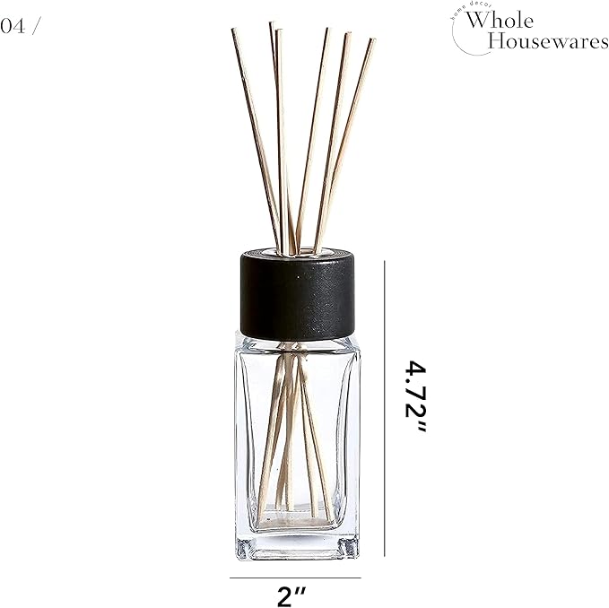 WHOLE HOUSEWARES Natural Diffuser Reeds Bottles Sticks | Clear Glass Home Décor for Kitchen and Living Room | Black Wood Caps | Décorative Fragrance Set with Long Lasting Aroma - Set of 4