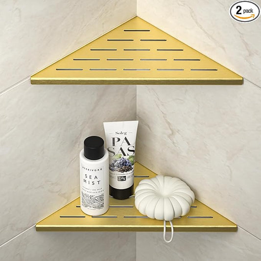 Corner Shower Shelf, 304 Stainless Steel Bathroom Shelf for Tiled Wall, Grout in Shelves (Gold, 10"-2 Pack)