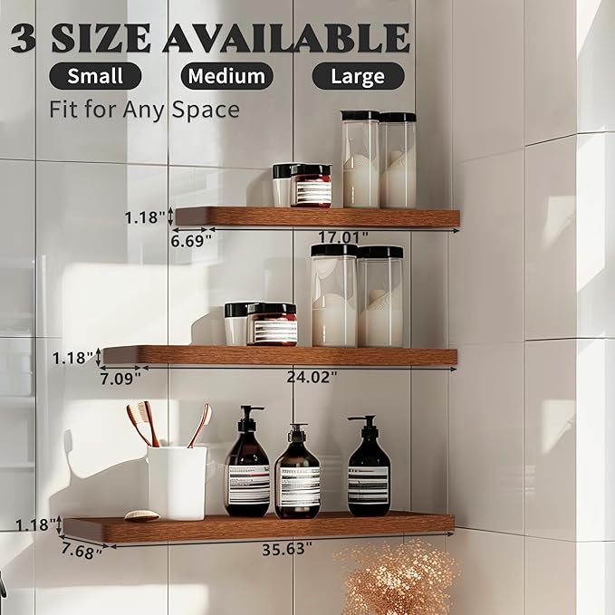 Floating Shelves for Wall,Rustic Wood Shelves Floating for Bathroom Living Room Bedroom and Kitchen,Long Hanging Shelf for Books/Storage Room/Decor (Rustic Brown,Set of 2,24 in)