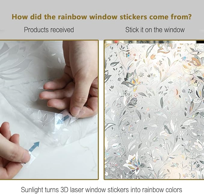 Window Privacy Film Non-Adhesive Flower Patten Window Sticker 3D Tulip Static Cling Glass Window Film Rainbow Window Film for Home Kitchen Office UV Blocking (White, 17.5" x 78.7")