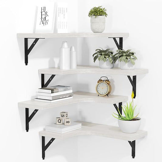 Corner Floating Shelves Wall Mounted Set of 4, Rustic Wood Storage Display Wall Shelves for Home Decor, Bathroom, Kitchen, Bedroom, Living Room, Office (White)
