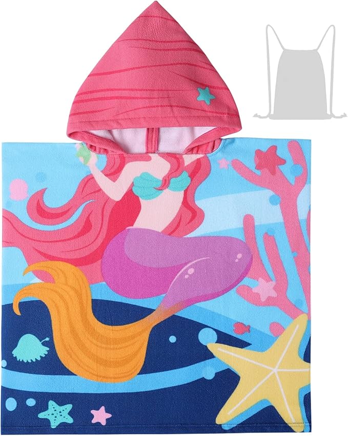 Ultra Soft Kids' Towels with Hood for Bath Beach Pool Toddler Boy and Girl Swim Poncho Cover-ups Swimwear with Drawstring Bag (Purple Mermaid (24x24 Inches))