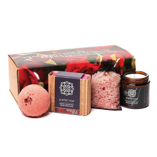 Hemlock Park Scarlet Rose Artisanal Spa Gift Box | Apothecary Candle, Shea Butter Soap, Bath Bomb, Mineral Salt Bath Soak | Handcrafted with Plant Based Ingredients