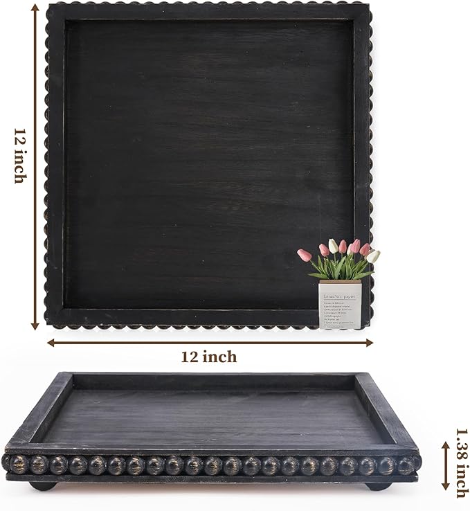 HPC Decor 12in Square Decorative Tray for Home Decor Wood Beaded Tray (Black)