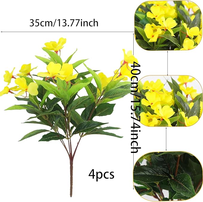 4 Pcs Artificial Flowers Outdoor Impatiens UV Resistant Silk Impatiens Flowers Yellow Faux Flowers Impatiens Bushes Artificial Impatiens for Pot Patio Lawn Garden Hanging Basket Porch Decor