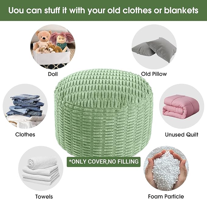 HOMBYS Unstuffed Ottoman Pouf Cover,Round Faux Fur Foot Stool, Fuzzy Chair, Floor Bean Bag(No Filler),Foot Rest with Storage for Living Room, Bedroom, Office, Striped Tufted (Sage Green)