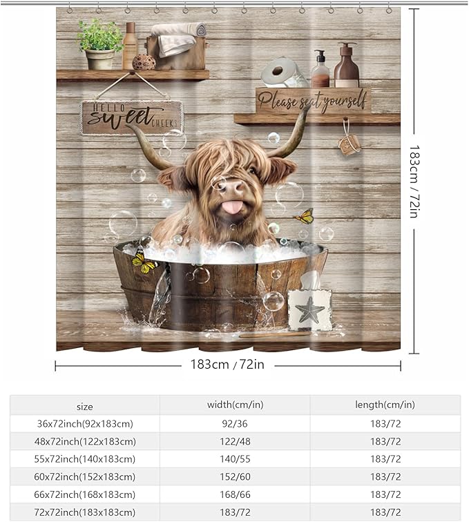 Farmhouse Highland Cow Shower Curtain Funny Western Farm Animal Bull Shower Curtains for Bathroom Decor Waterproof Polyester Fabric Country Cattle Bathroom Curtain with Hooks 72x72 Inch