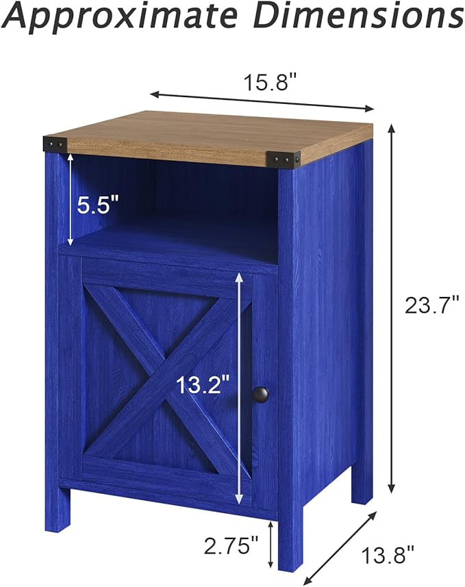 Farmhouse End Table, Nightstand, Set of 2, End Tables with Barn Door and Shelf, Modern Bed Side Table Rustic Nightstands Set for Bedroom, Living Room, Navy Blue