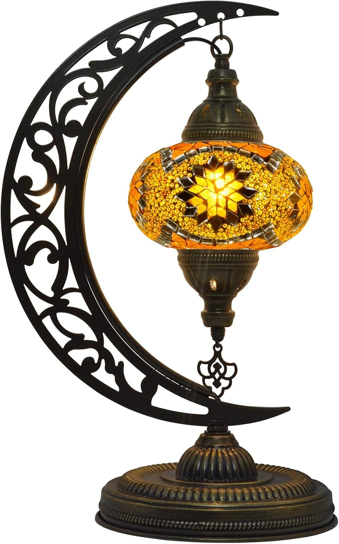mozaist Unique Moon Shaped Mosaic Table Lamp - Moroccan Handmade Bohemian Vintage Tiffany Stained Glass with US Plug and E12 Socket
