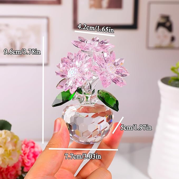 Crystal Pink Daisy Flower Figurine Statue Paperweight Glass Pink Daisy Bouquet Floral Collectible Decor Gifts for Friends Women (with 5 Flowers)