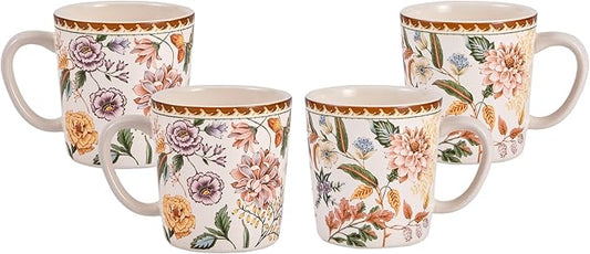 Bico Blooming Moment Ceramic Mugs, Set of 4, for Coffee, Tea, Drinks, Microwave & Dishwasher Safe