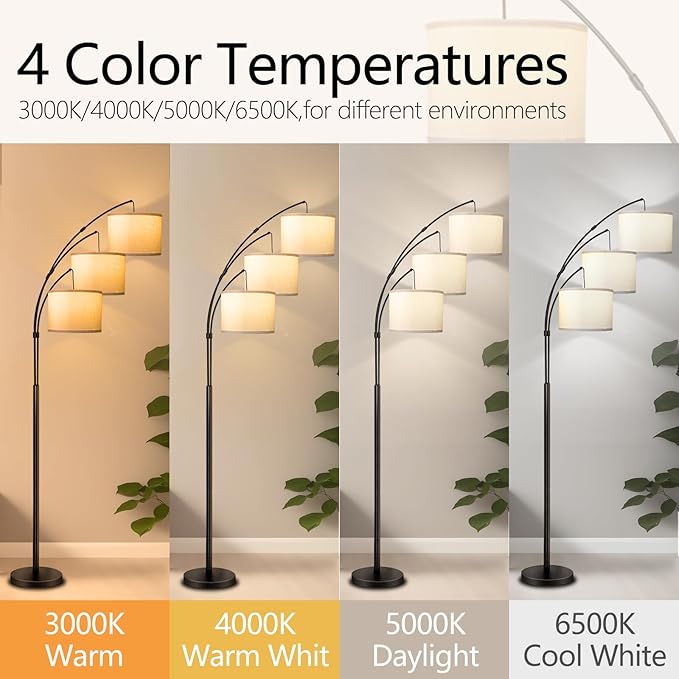 Arc Floor Lamp for Living Room with Remote Control, Dimmable Modern Mid Century 3 Lights Arched Tall Floor Lamp, Adjustable Standing Corner Lamp for Living Room Bedroom Office (Black+White Shade)