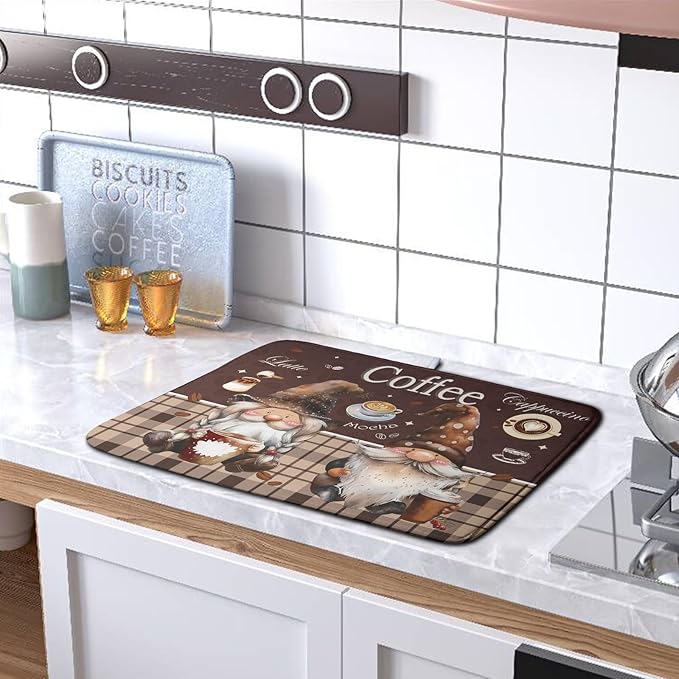 Coffee Gnomes Kitchen Dish Drying Mat for Dishes 16x18 Inch,Coffee Maker Mats for Tabletop,Brown Buffalo Plaid Mocha Coffee Cup Dishes Drainer Mats Super Absorbent Dish Rack Pad for Bar Sinks Counter