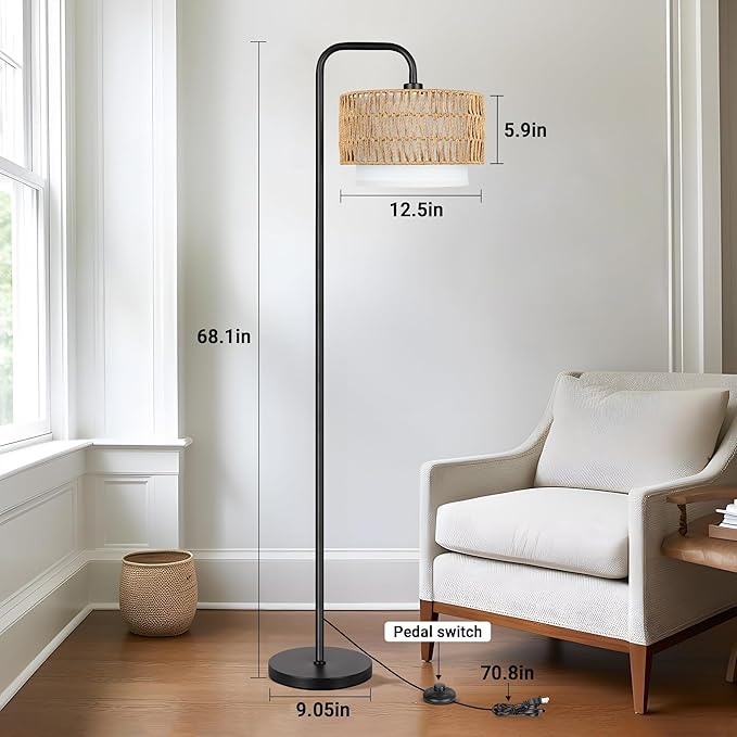 PARTPHONER 68‘’Floor Lamp for Living Room with 3 Color Temperatures, Farmhouse Standing Lamp with Remote & Dimmable Bulb, Boho Lamp Rattan & Fabric Shades, Black