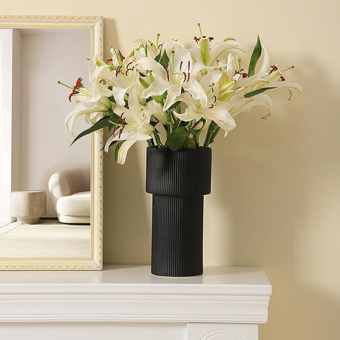 Large Black Ceramic Vase for Flowers, Large Ribbed Vase, Boho Decorative Vases for Modern Decor, Pampas Grass Vases for Living Room, Office, Mantel, Shelf, Entryway, 10 Inches
