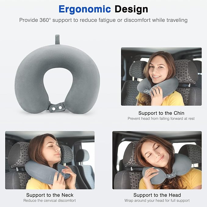 Travel Neck Pillow Airplane, Soft Memory Foam Support Head Neck Chin, with Removale Cover and Adjustable Snap Button, Comfortable Sleeping in Plane Car Train Traveling Office, Light Grey