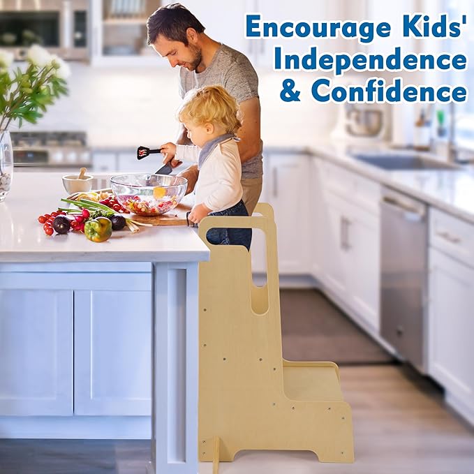 Large Kids Step Stool with Handles, Wooden Step Stool for Kids with Safety Anti-Slip Mats, Toddler Step Stool for Bathroom Sink, Kitchen, Toilet Potty Training, Washing Hands and Brushing Teeth